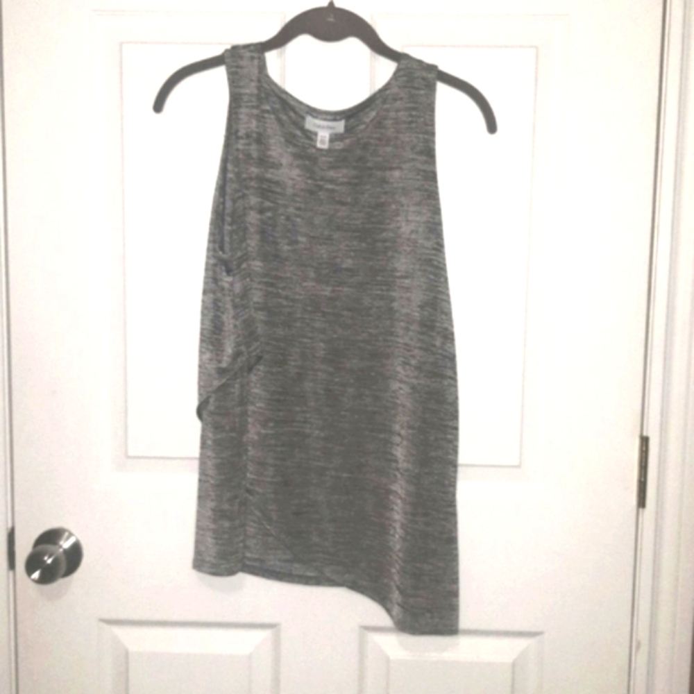 (M)🎀Calvin Klein🎀Heathered Metallic Grey Asymmetrical Faux Wrap Top